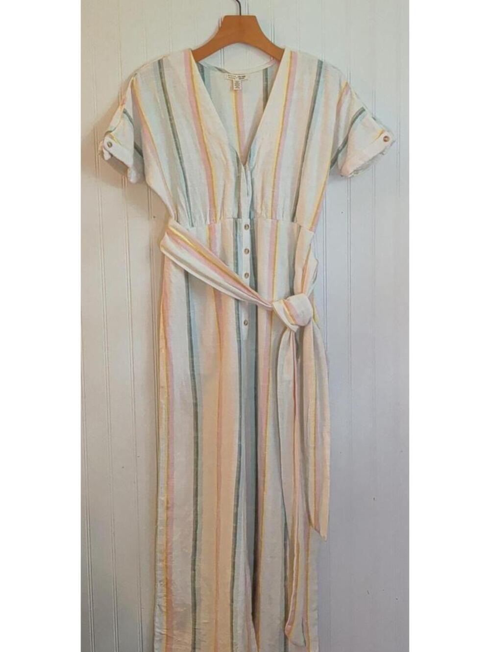 Billabong The Salty Blonde Striped Button-Front Jumpsuit Belt Boho Beach Size M